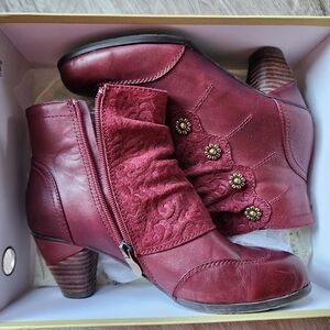 Red Leather Ankle Boots with Decorative Buttons